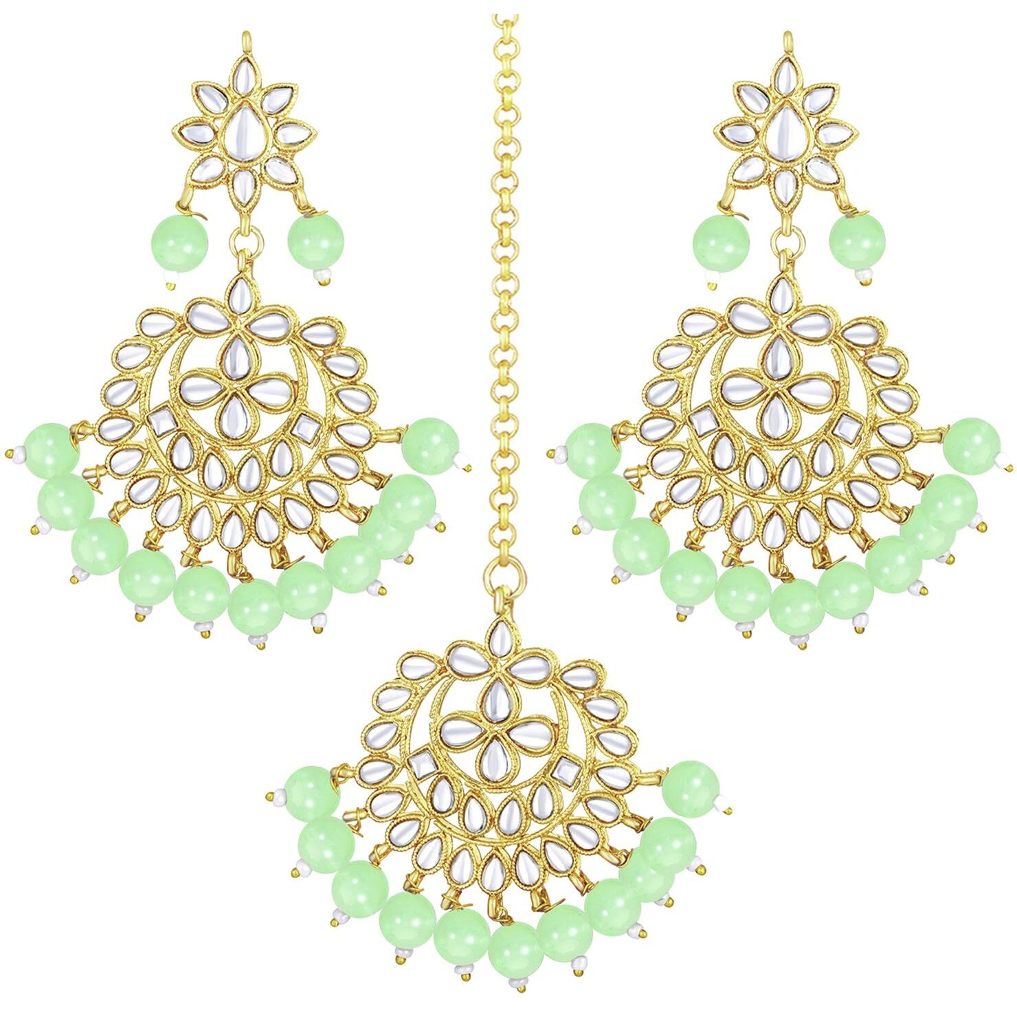 Peora Gold Plated Mint Kundan Faux Pearl Chandbali Earring Maang Tikka Jewellery Set for Women