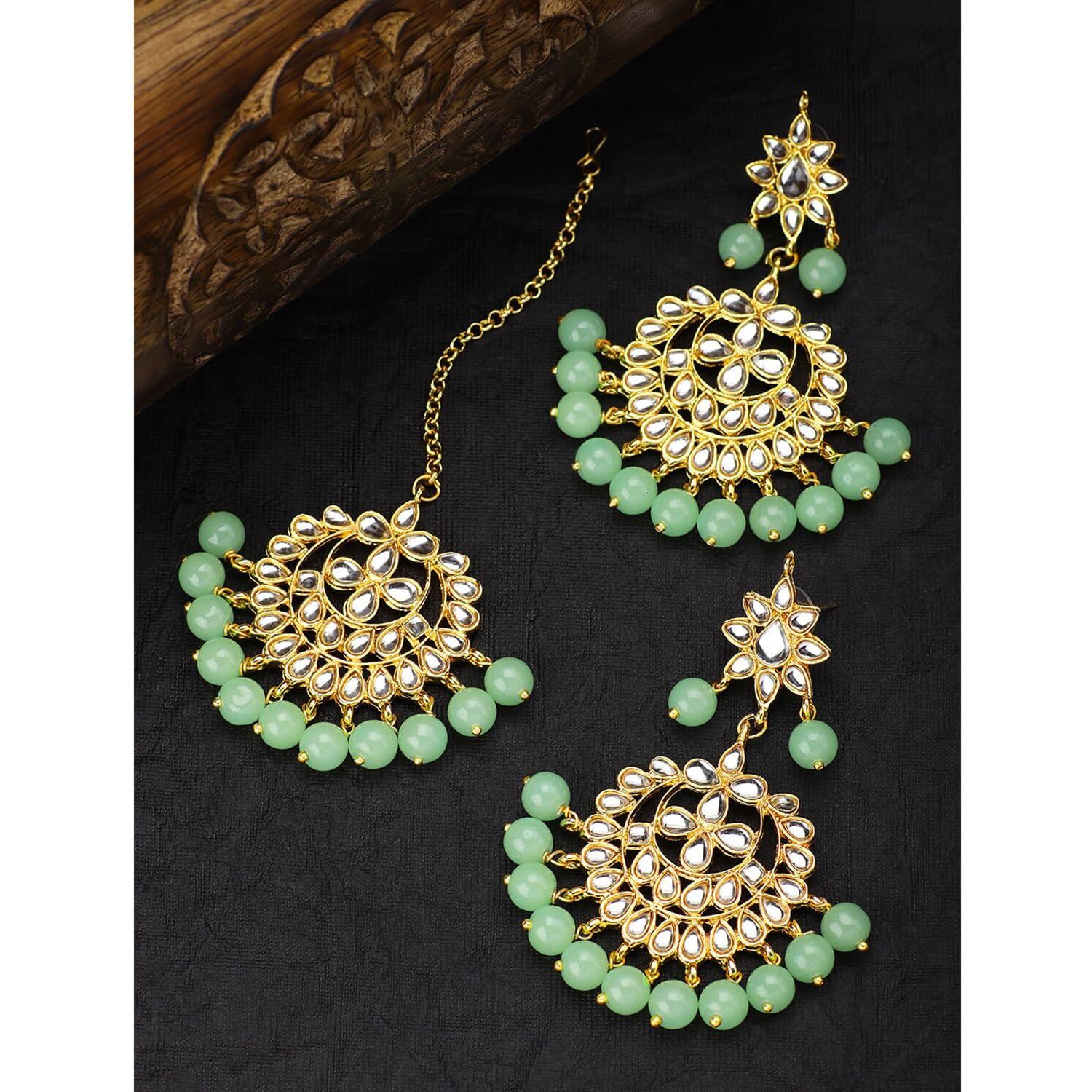 Peora Gold Plated Mint Kundan Faux Pearl Chandbali Earring Maang Tikka Jewellery Set for Women