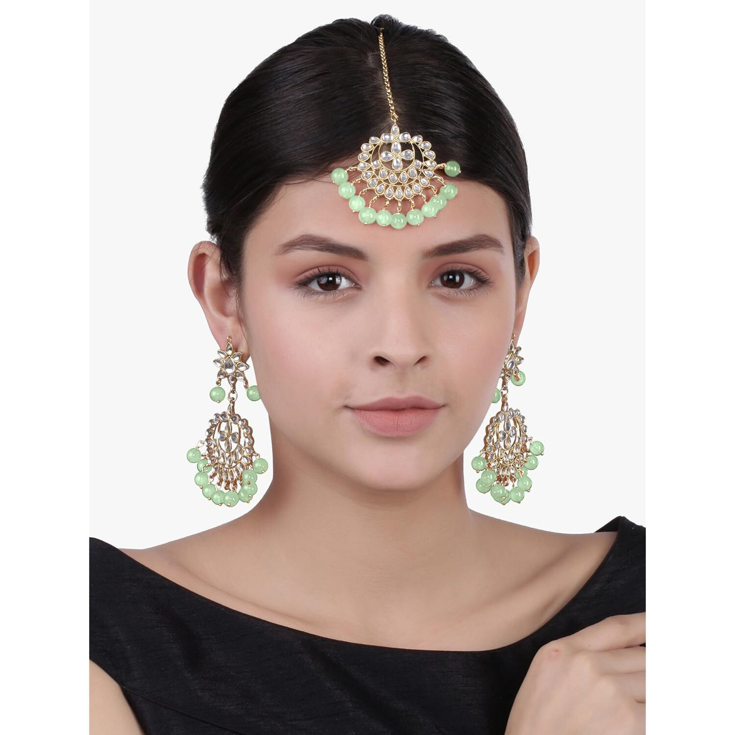 Peora Gold Plated Mint Kundan Faux Pearl Chandbali Earring Maang Tikka Jewellery Set for Women