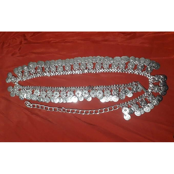 Kaku Fancy Dresses Silver Dance Belt/Ethnic Coin Jewellery/Belly Belt/Kamarband Jewellery/Silver Kamarpati Jewellery -Silver, Free Size, For Girls (Silver Belt For Girls)