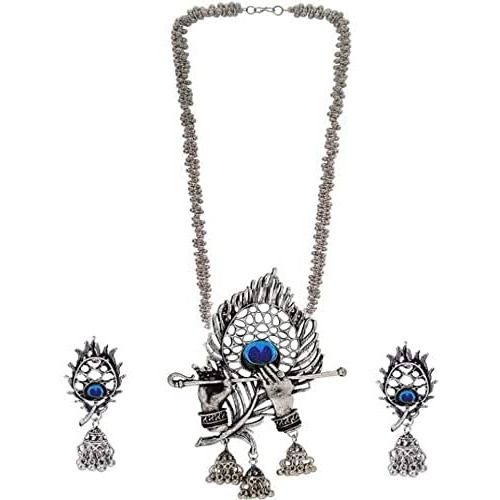 RAPID Silver Coated Oxidised Designer Jewellery Krishna Flute Necklace Set for Women & Girls