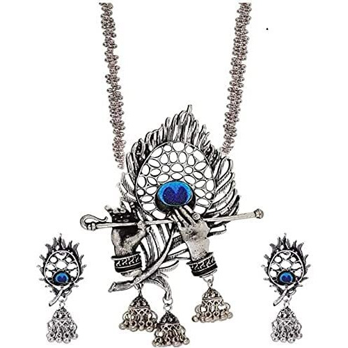 RAPID Silver Coated Oxidised Designer Jewellery Krishna Flute Necklace Set for Women & Girls