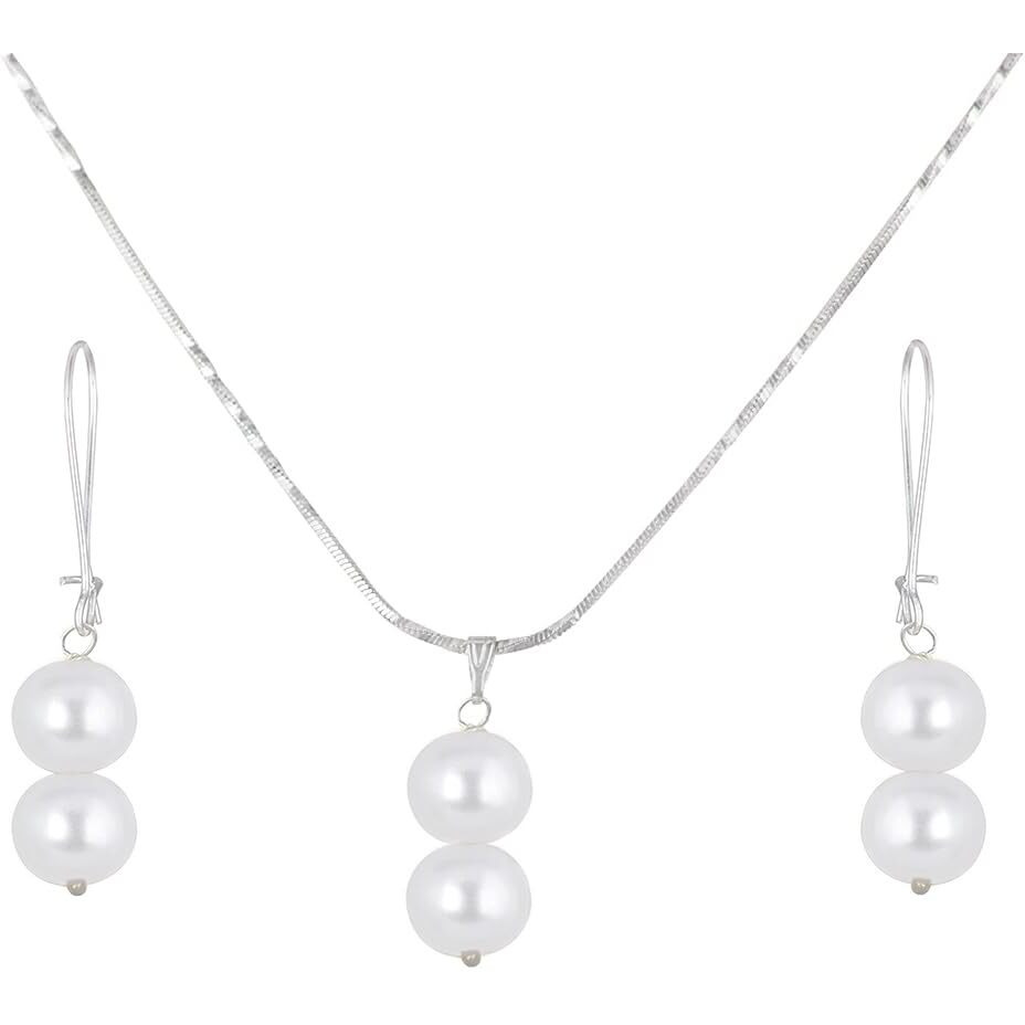 JFL - Jewellery for Less Classic Stylish Trendy Silver Plated Designe Japanese Pearl Pendant Set for Women & Girls Office and Casual Wear,Valentine