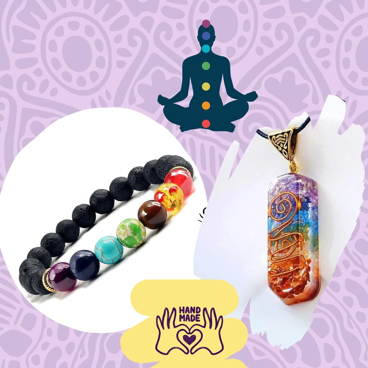 Swanery Natural Healing Seven Chakra Bracelet and Orgone Pendant Set for Good Luck, Wealth & Prosperity Spiritual Gift (013 Oragone Pendant + Bracelet)