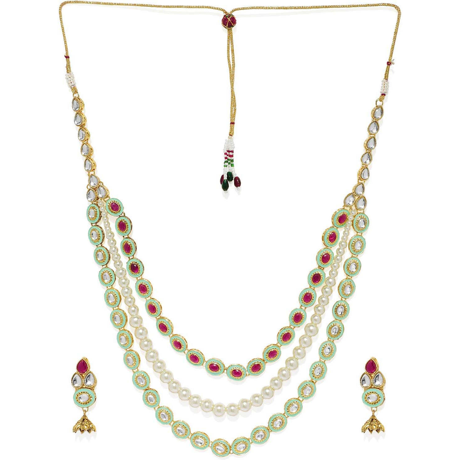 ZAVERI PEARLS Gold Tone Kundan & Pearls Multi Layer Long Necklace Set For Women-ZPFK7849