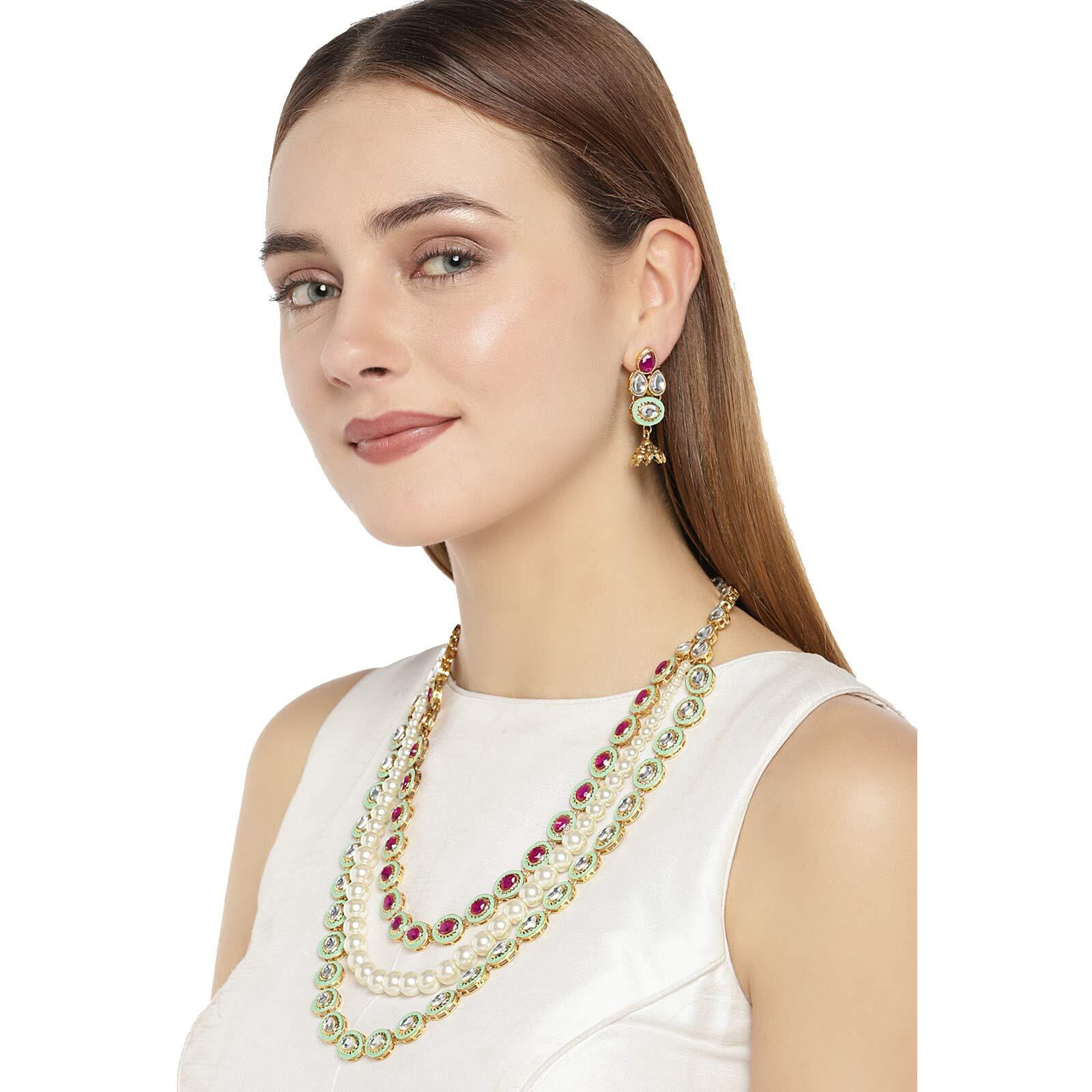 ZAVERI PEARLS Gold Tone Kundan & Pearls Multi Layer Long Necklace Set For Women-ZPFK7849