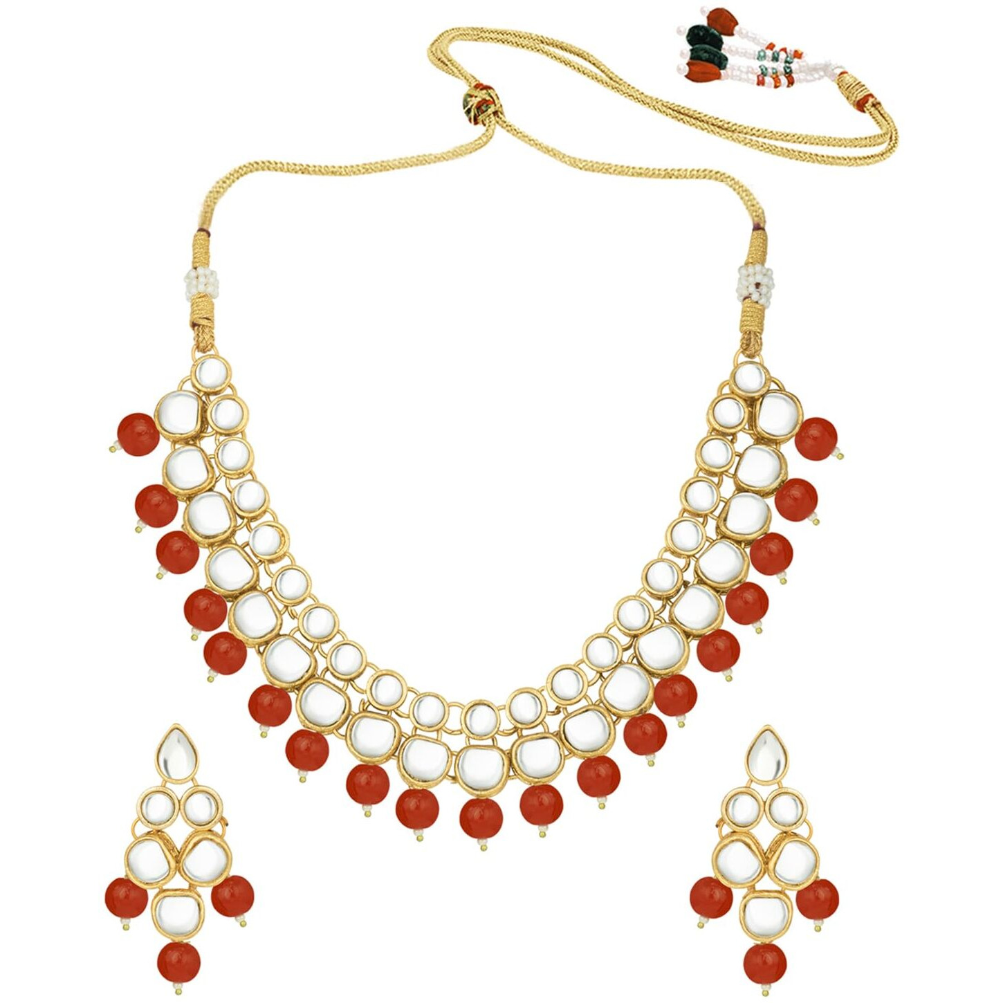 Peora 18K Gold Plated Indian Ethnic Kundan Brass Alloy Red Faux Bead Traditional Necklace Jewellery Set with Earrings for Women