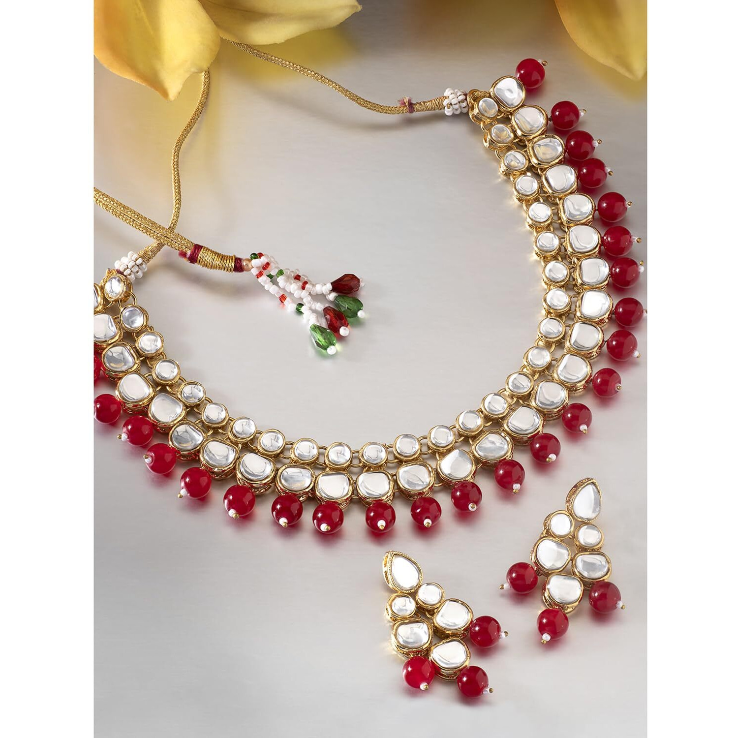 Peora 18K Gold Plated Indian Ethnic Kundan Brass Alloy Red Faux Bead Traditional Necklace Jewellery Set with Earrings for Women