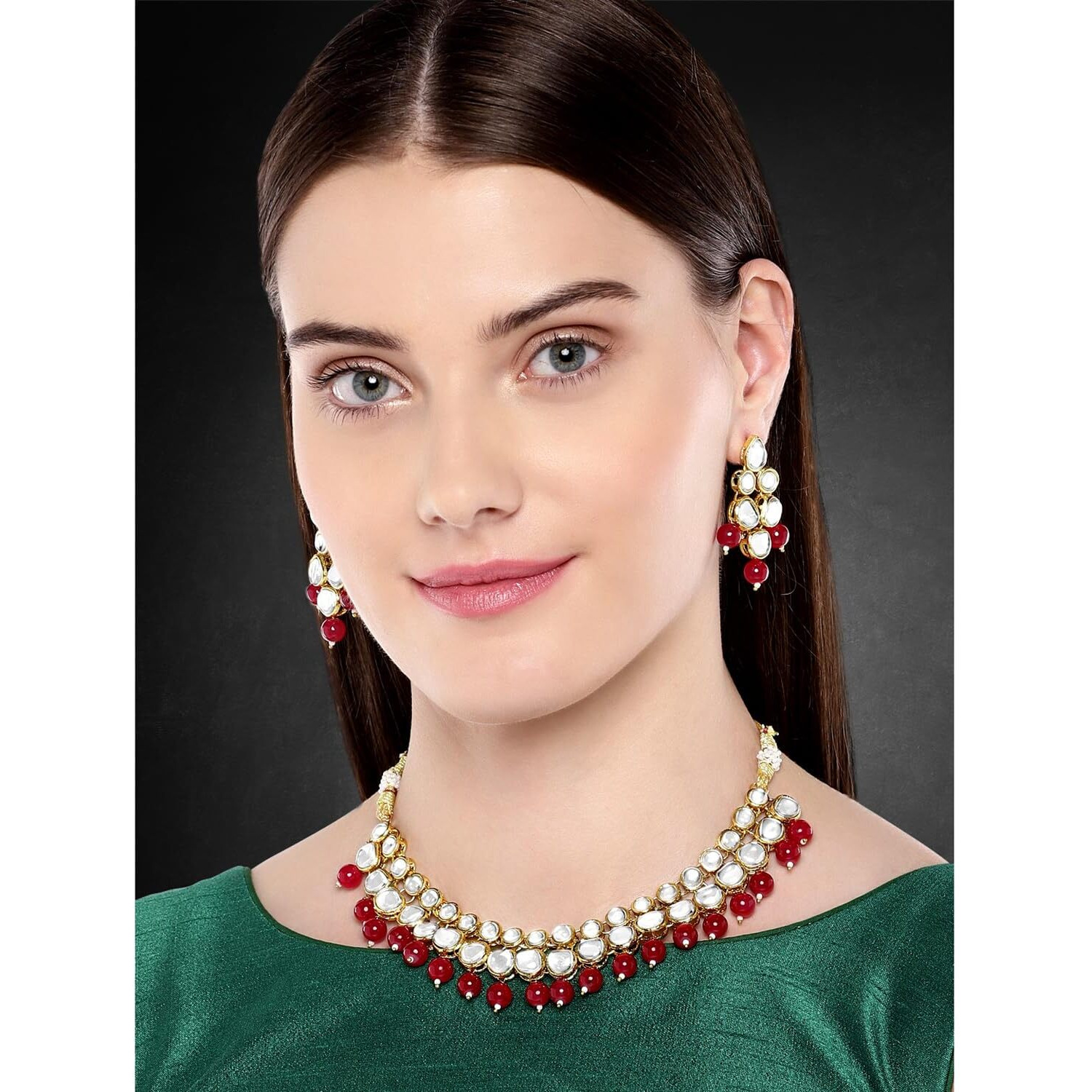 Peora 18K Gold Plated Indian Ethnic Kundan Brass Alloy Red Faux Bead Traditional Necklace Jewellery Set with Earrings for Women