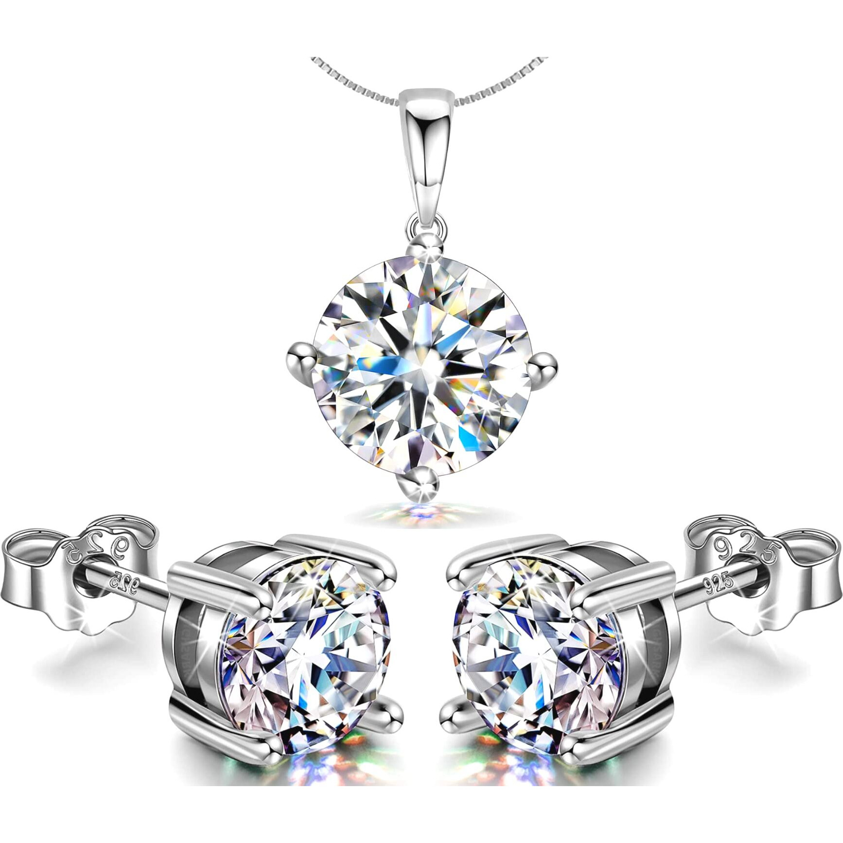 HighSpark 925 Silver Solitaire Earrings Pendant Necklace Set | 92.5 Sterling Silver & Diamond like Brilliance Sparkling Zirconia | Lovely Gift for Women & Girls - Silver Set 8mm