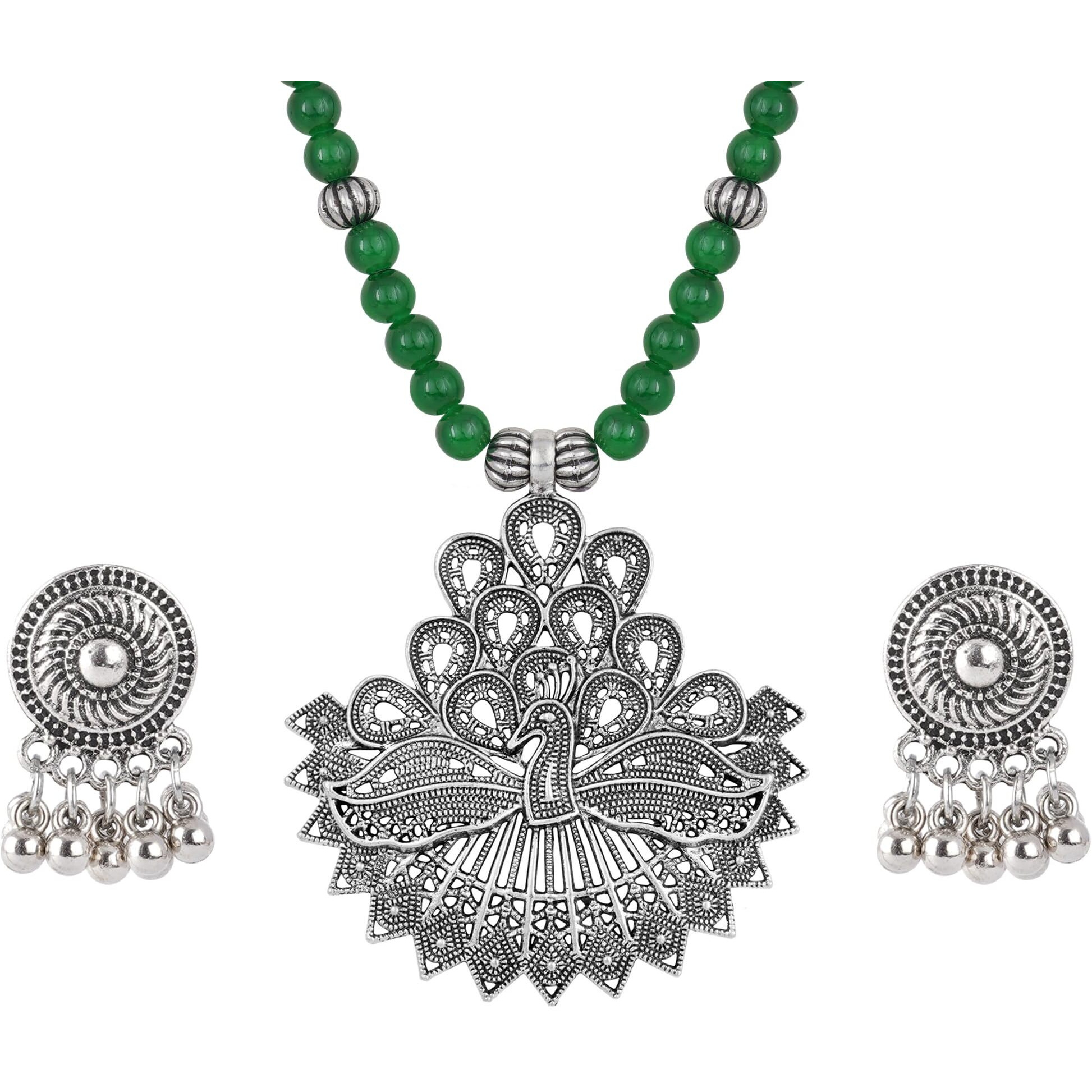 JFL - Jewellery for Less Contemporary Handcrafted Peacock German Silver Oxidized Beaded Necklace Set with Earrings for Women & Girls (Green),Valentine