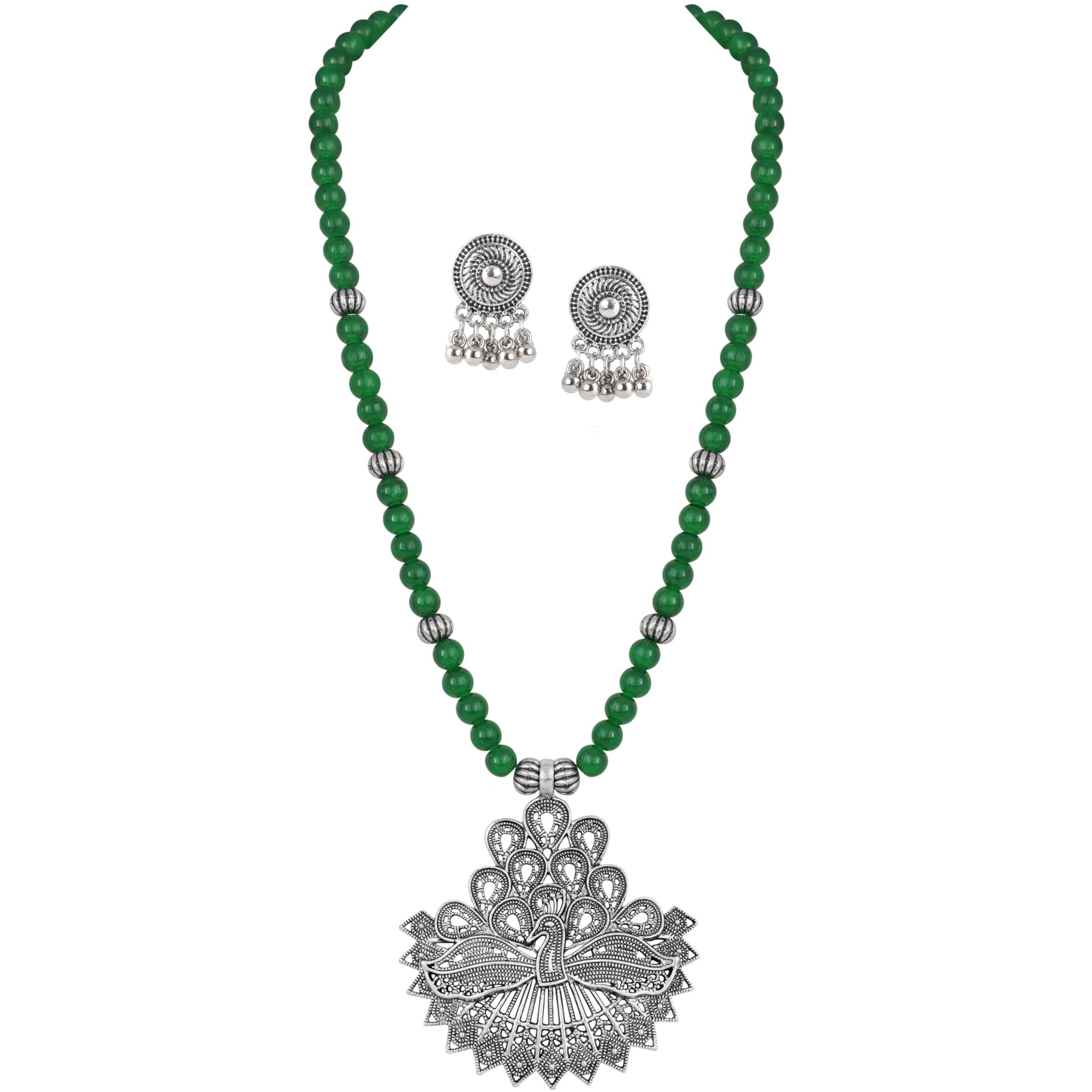 JFL - Jewellery for Less Contemporary Handcrafted Peacock German Silver Oxidized Beaded Necklace Set with Earrings for Women & Girls (Green),Valentine