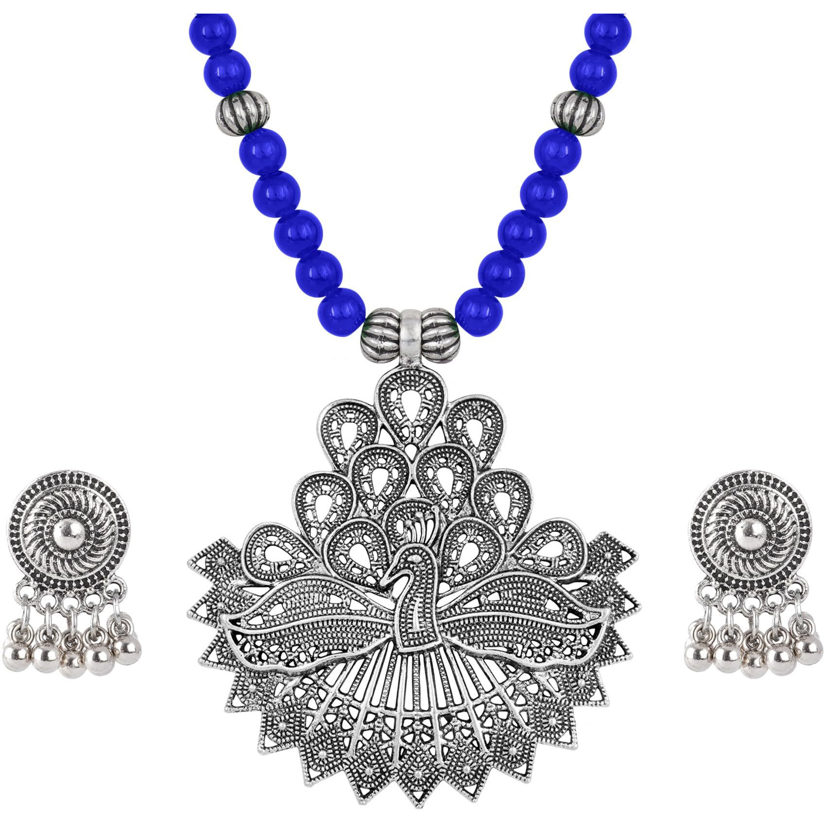 JFL - Jewellery for Less Contemporary Handcrafted Peacock German Silver Oxidized Beaded Necklace Set with Earrings for Women & Girls (Royal Blue),Valentine