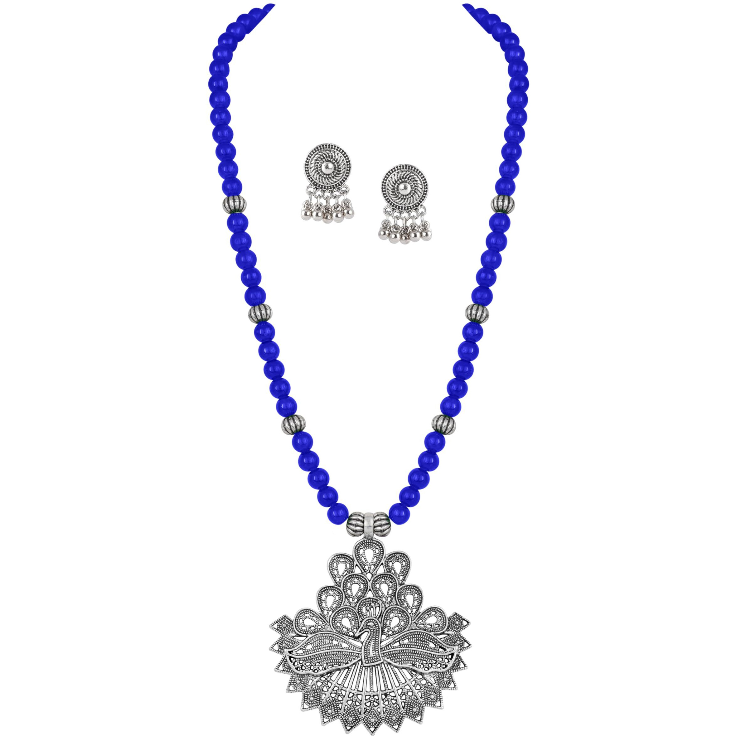 JFL - Jewellery for Less Contemporary Handcrafted Peacock German Silver Oxidized Beaded Necklace Set with Earrings for Women & Girls (Royal Blue),Valentine