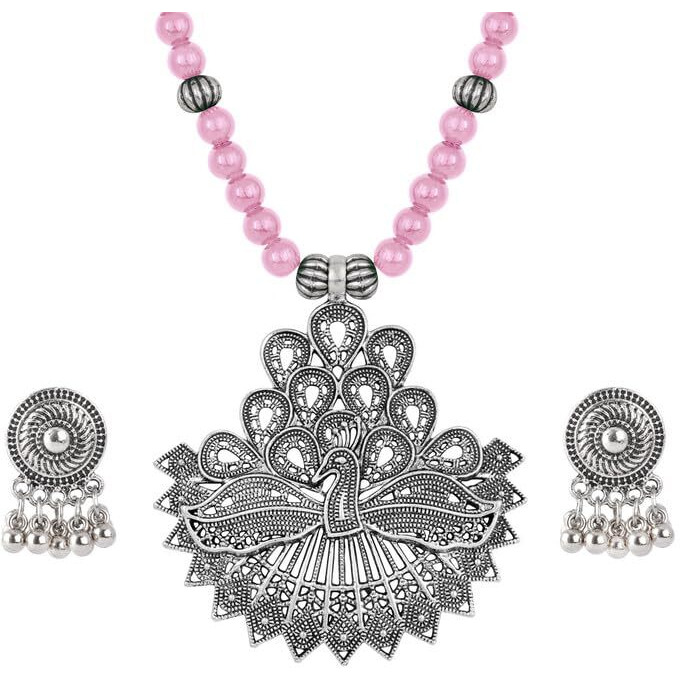 JFL - Jewellery for Less Silver Plated Layered Peacock Baby Pink Onyx Stone Necklace Set for Women,Valentine