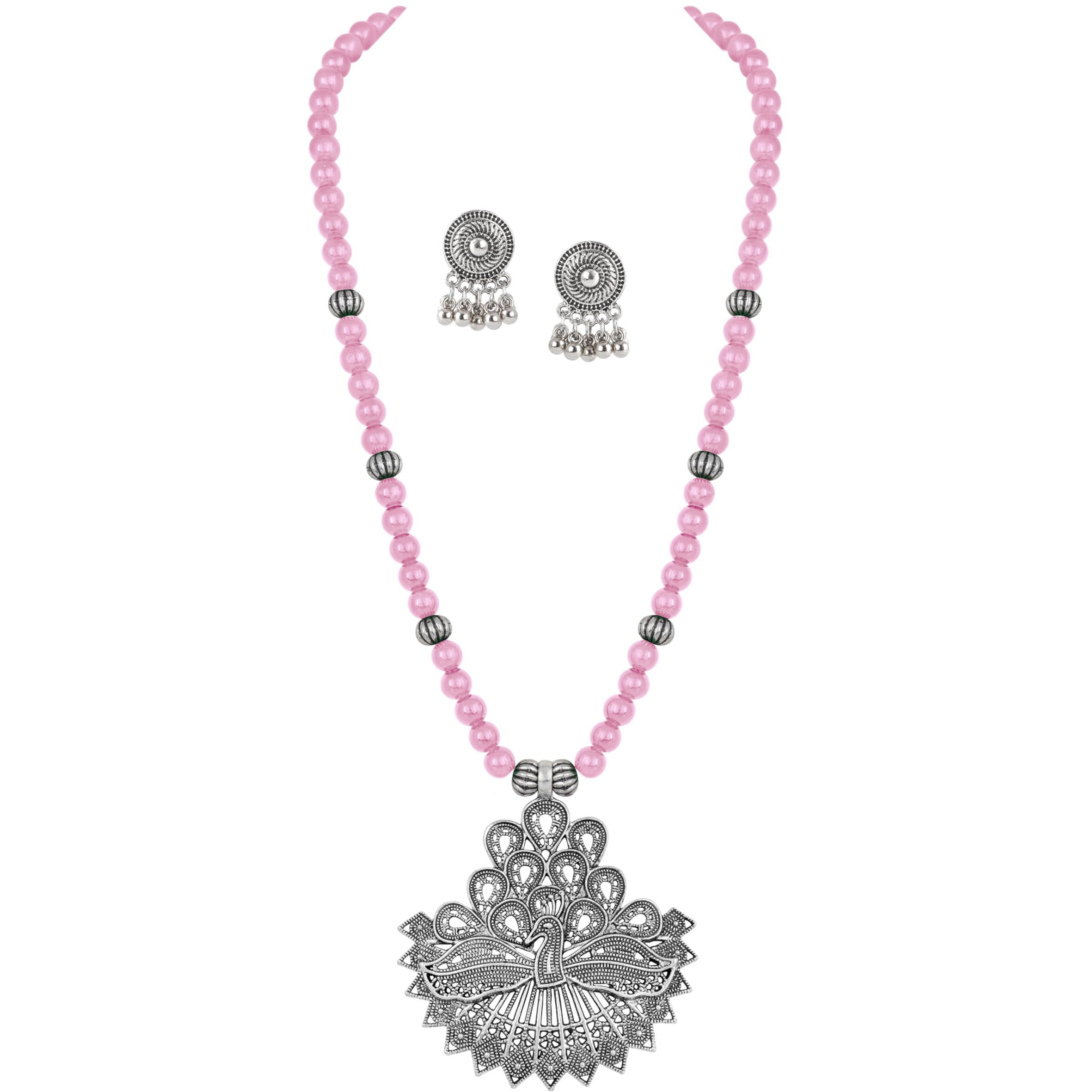 JFL - Jewellery for Less Silver Plated Layered Peacock Baby Pink Onyx Stone Necklace Set for Women,Valentine