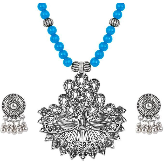 JFL - Jewellery for Less Contemporary Handcrafted Peacock German Silver Oxidized Beaded Necklace Set with Earrings for Women & Girls (Light Blue),Valentine