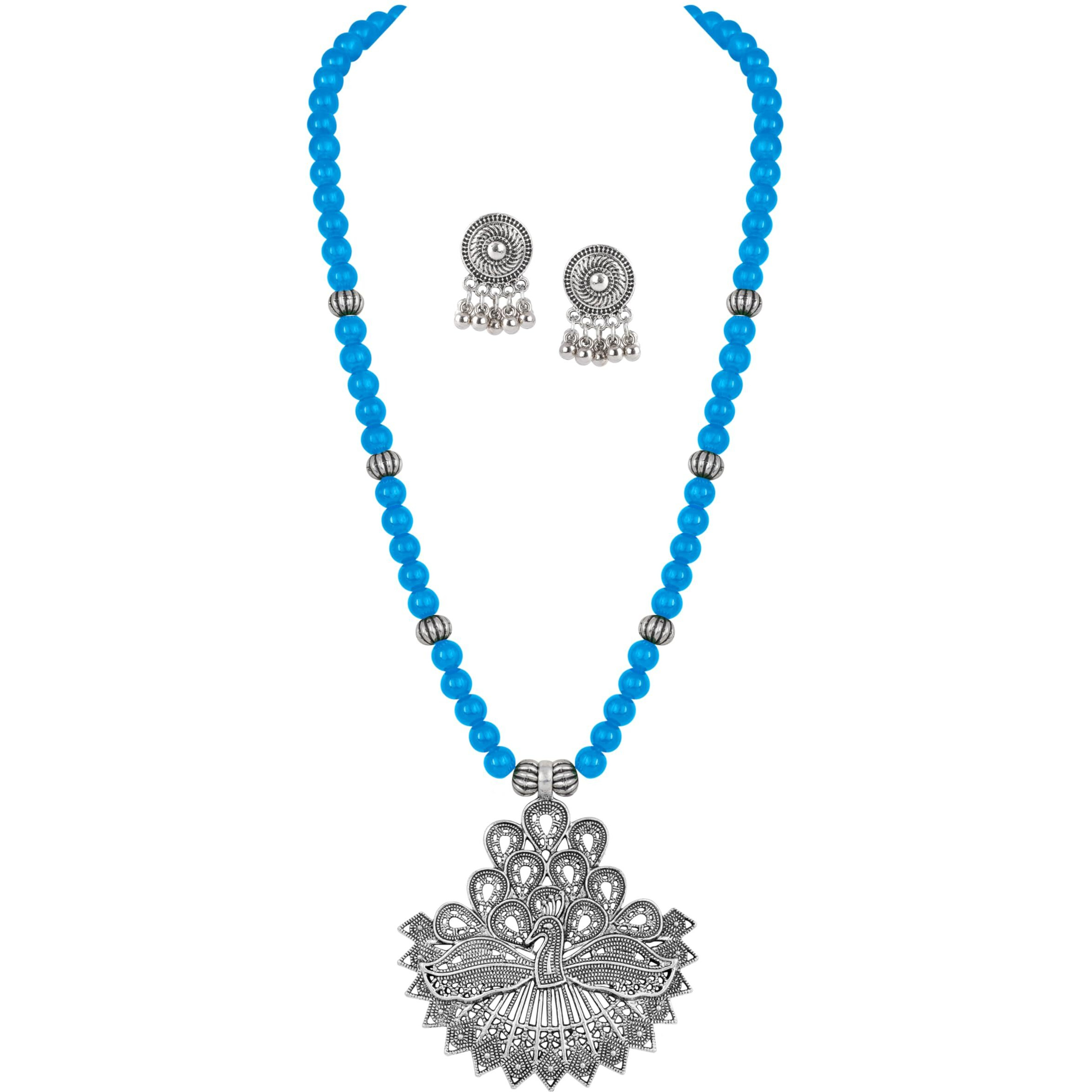 JFL - Jewellery for Less Contemporary Handcrafted Peacock German Silver Oxidized Beaded Necklace Set with Earrings for Women & Girls (Light Blue),Valentine