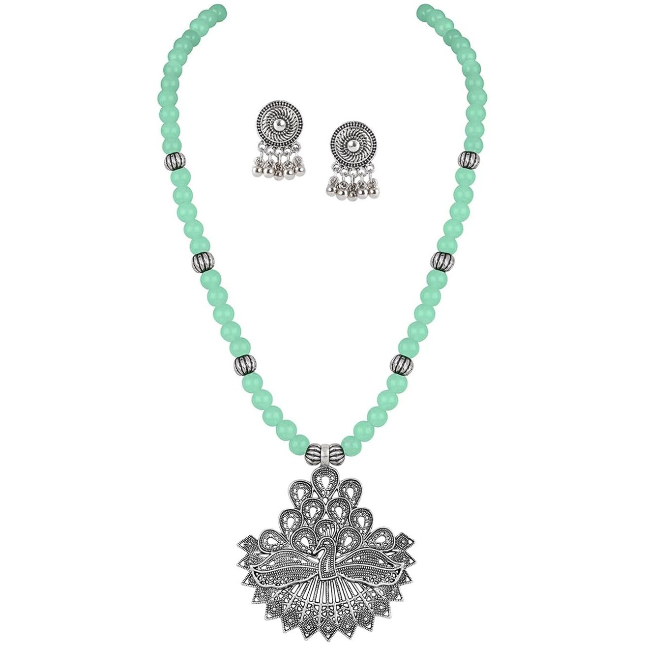 JFL - Jewellery for Less Contemporary Handcrafted Peacock German Silver Oxidized Beaded Necklace Set with Earrings for Women & Girls (Light Green),Valentine