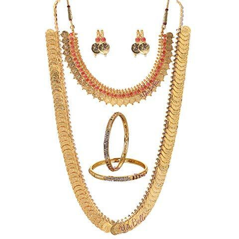 YouBella Fashion Gold Plated Brass Bangles, Long Traditional Maharani Bridal Temple coin and Red Temple Coin Necklace Set for women And Earrings Jewellery for Women (2.6)