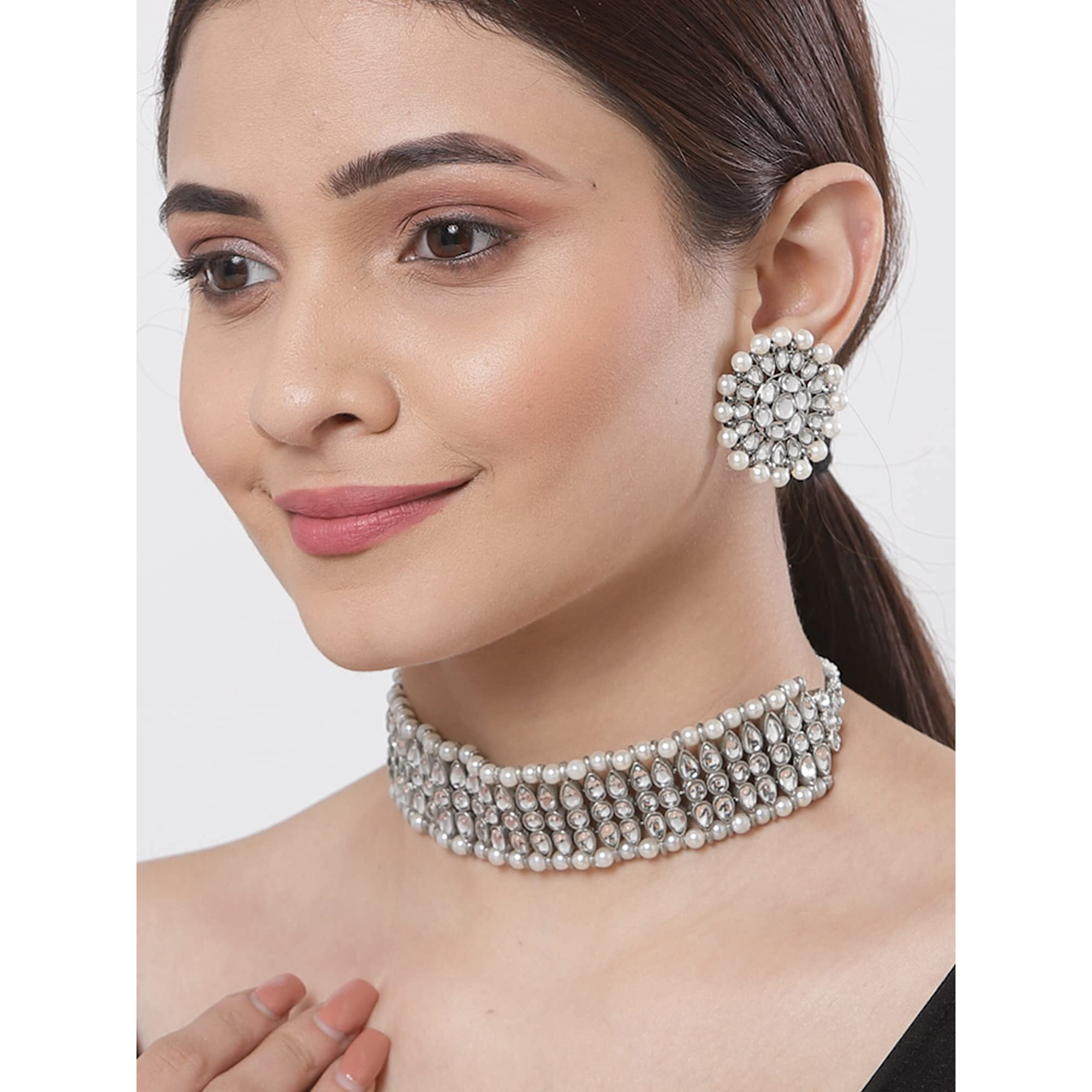 Karatcart Handcrafted Oxidised Silver Pearl and Kundan Studded Choker Necklace Set For Womens