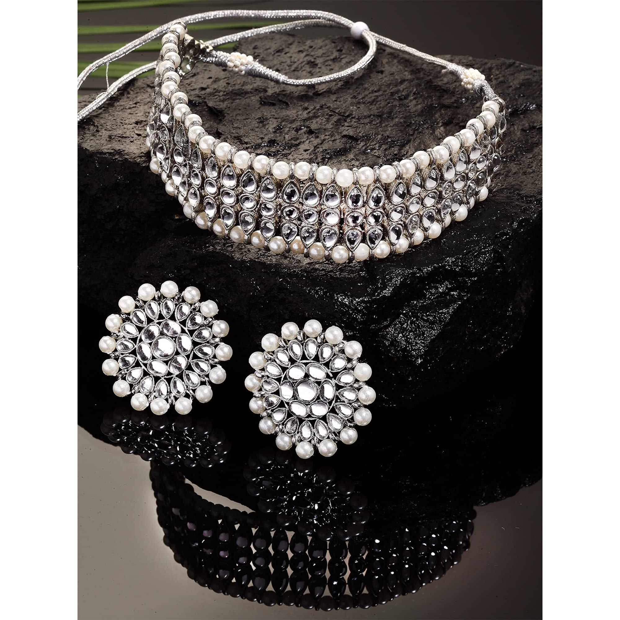 Karatcart Handcrafted Oxidised Silver Pearl and Kundan Studded Choker Necklace Set For Womens