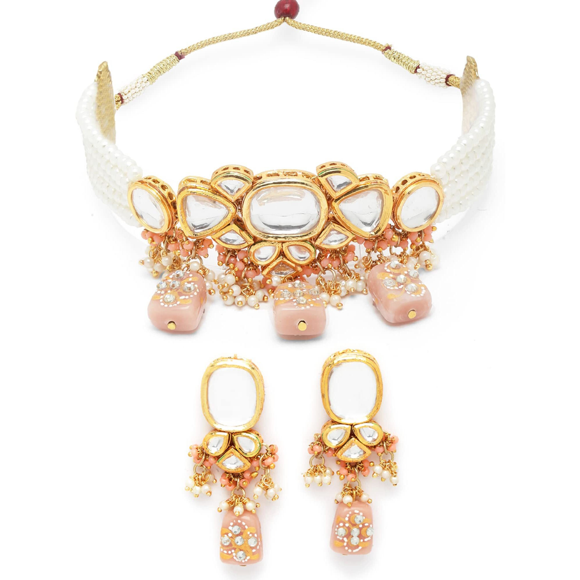 Karatcart Peach Designer Tumble Polki Kundan Necklace Set for Women