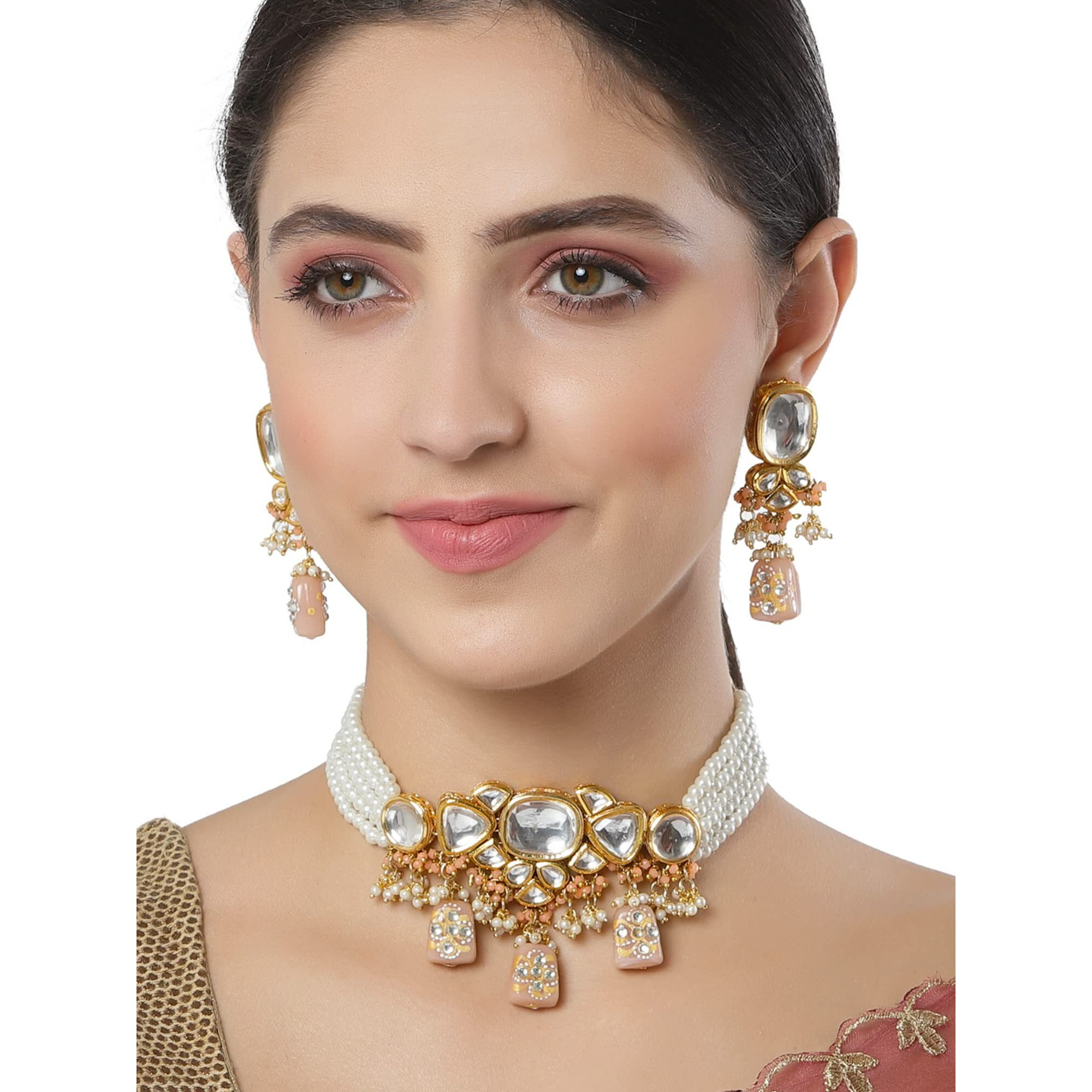 Karatcart Peach Designer Tumble Polki Kundan Necklace Set for Women