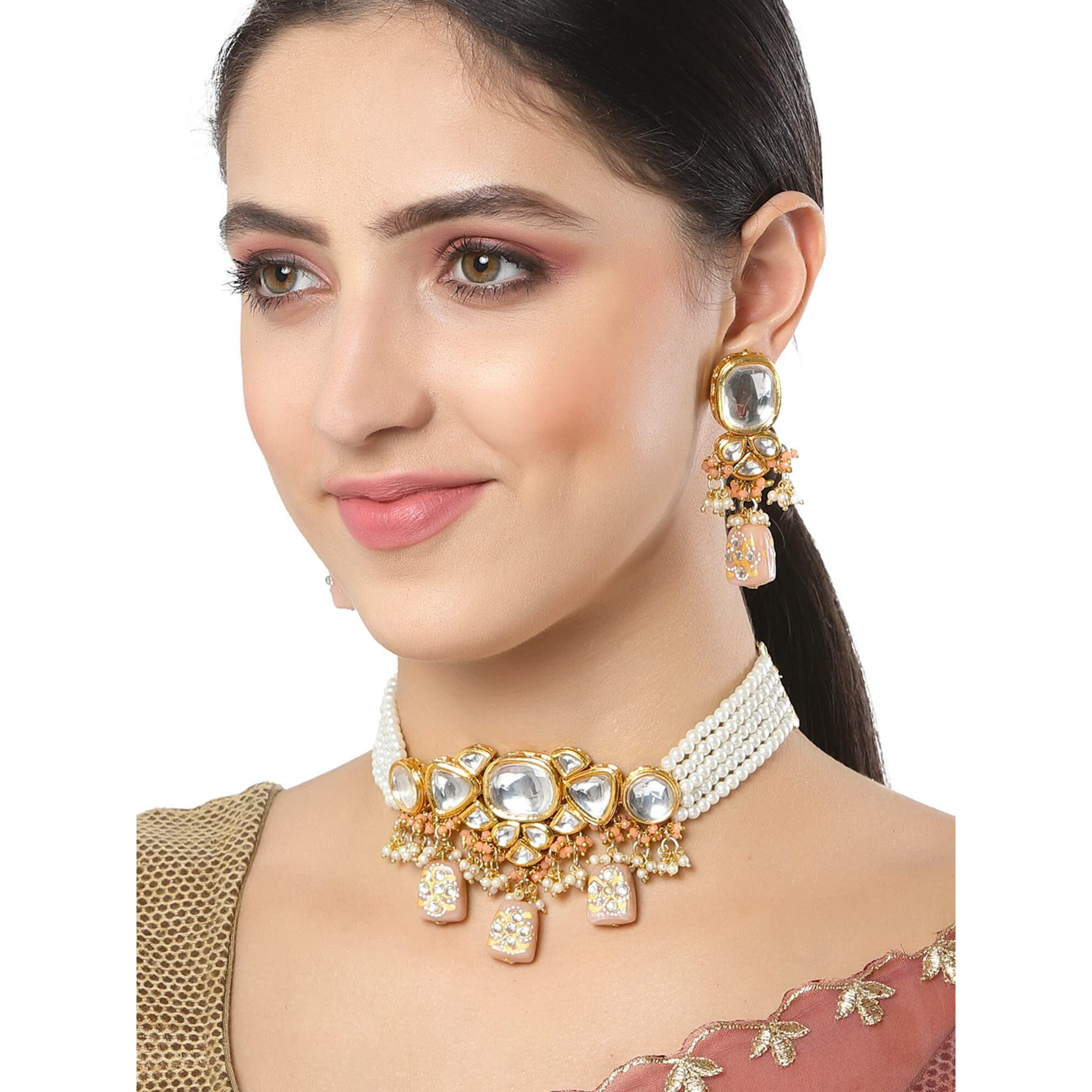 Karatcart Peach Designer Tumble Polki Kundan Necklace Set for Women