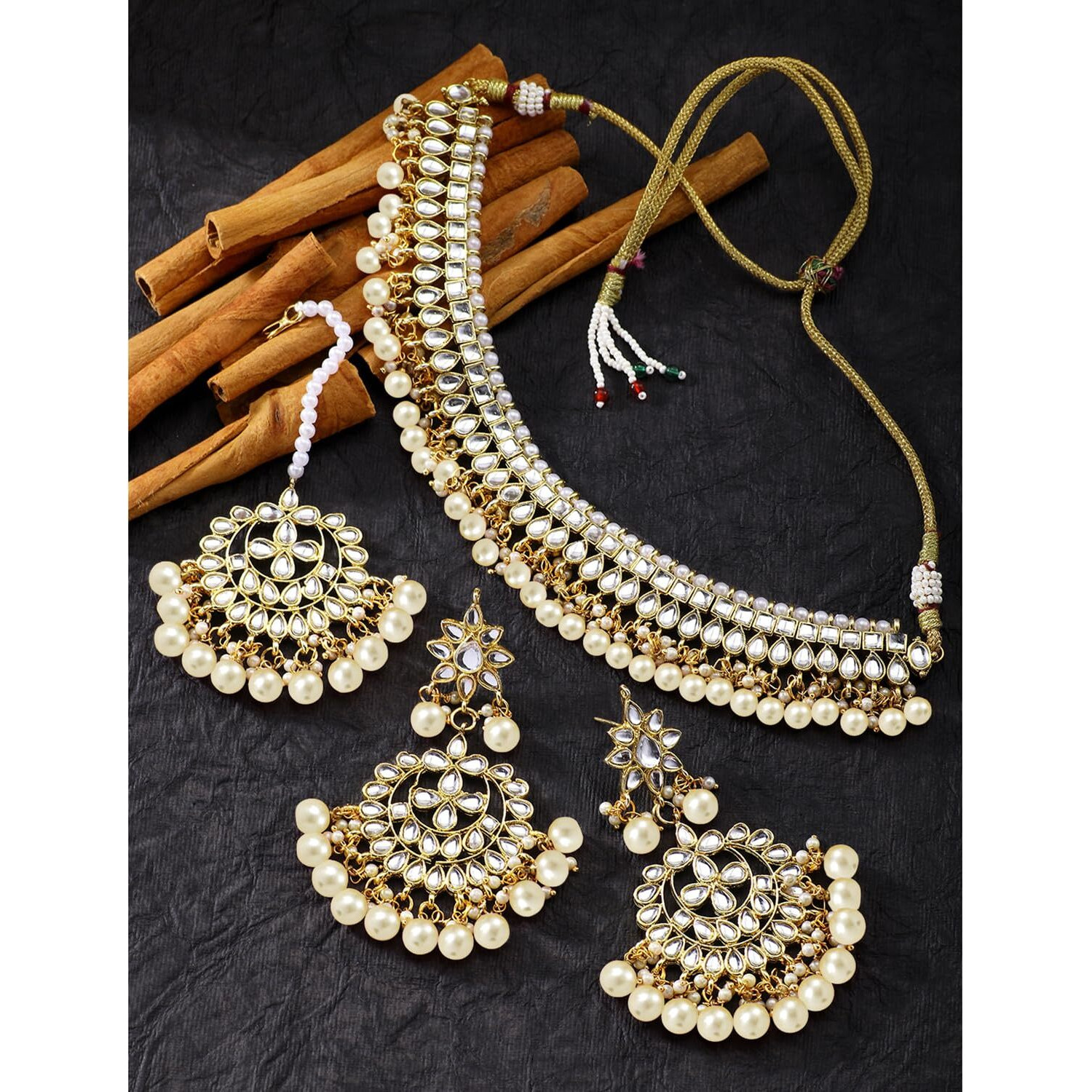 Peora 18K Gold Plated Kundan Pearl Choker Necklace Earring Mang Tikka Traditional Jewellery Set for Women Wedding (White)