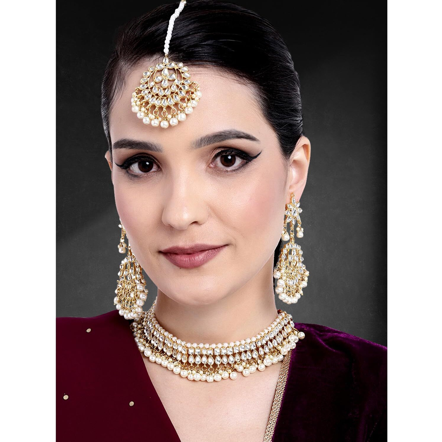 Peora 18K Gold Plated Kundan Pearl Choker Necklace Earring Mang Tikka Traditional Jewellery Set for Women Wedding (White)