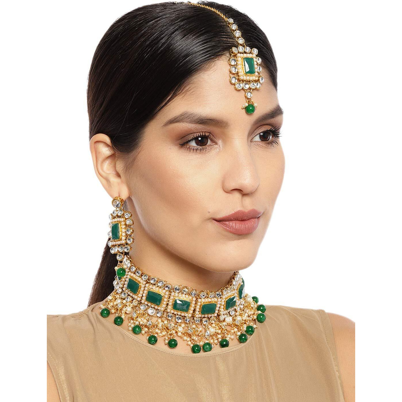 ZAVERI PEARLS Mesmerising Green Traditional Pearls Choker Jewellery Set For Women-ZPFK9398