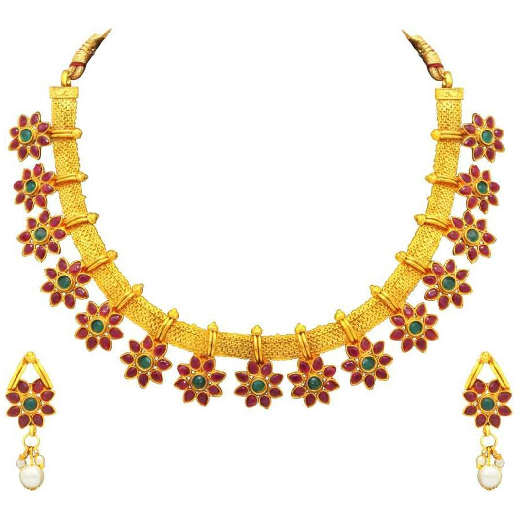 Peora Traditional Flower Shape Kundan Fashion Necklace Earring Set for Women & Girls