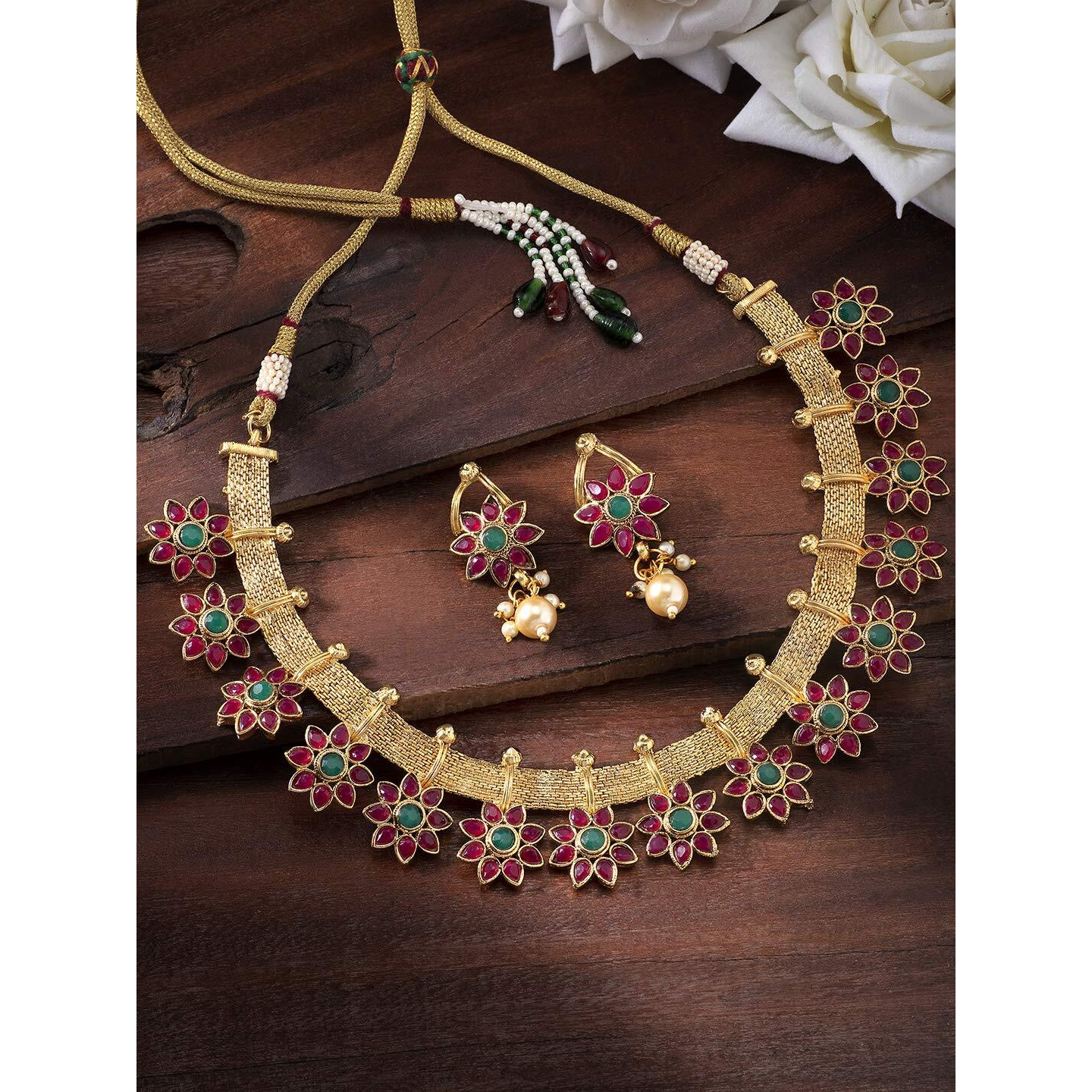 Peora Traditional Flower Shape Kundan Fashion Necklace Earring Set for Women & Girls