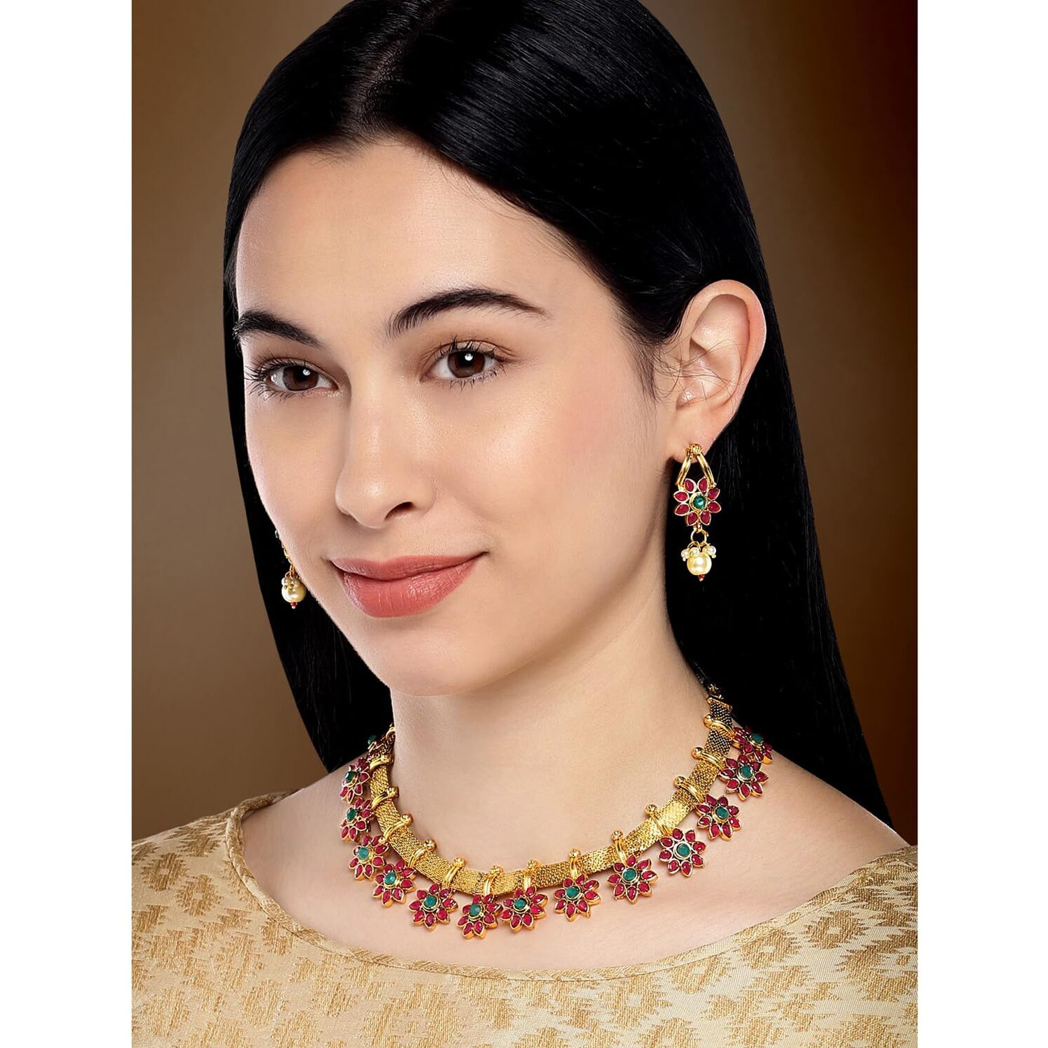 Peora Traditional Flower Shape Kundan Fashion Necklace Earring Set for Women & Girls