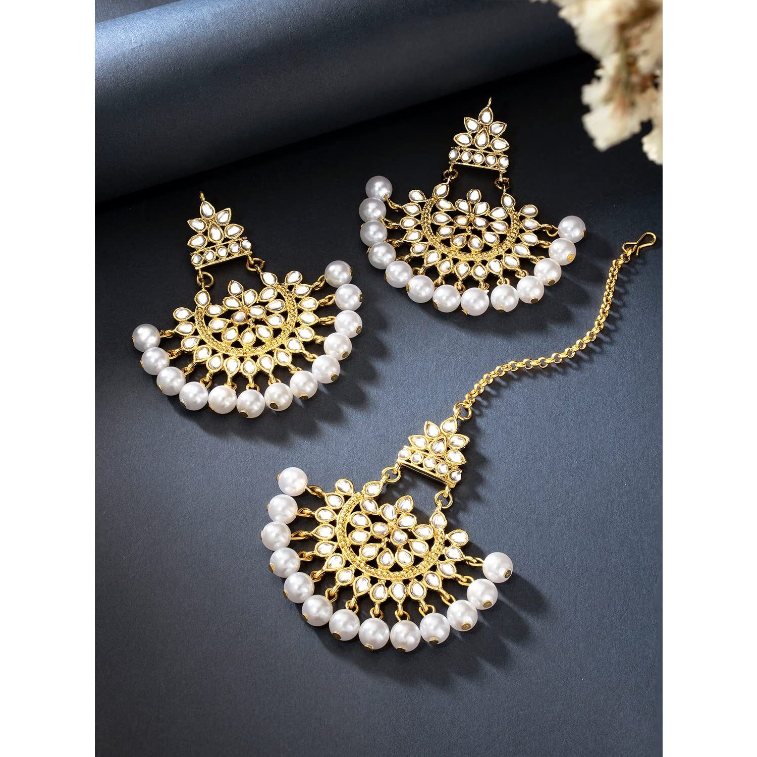 Peora Gold Plated Wedding Bridal Kundan Pearl Earring Maang Tikka Jewellery Set for Women Girls