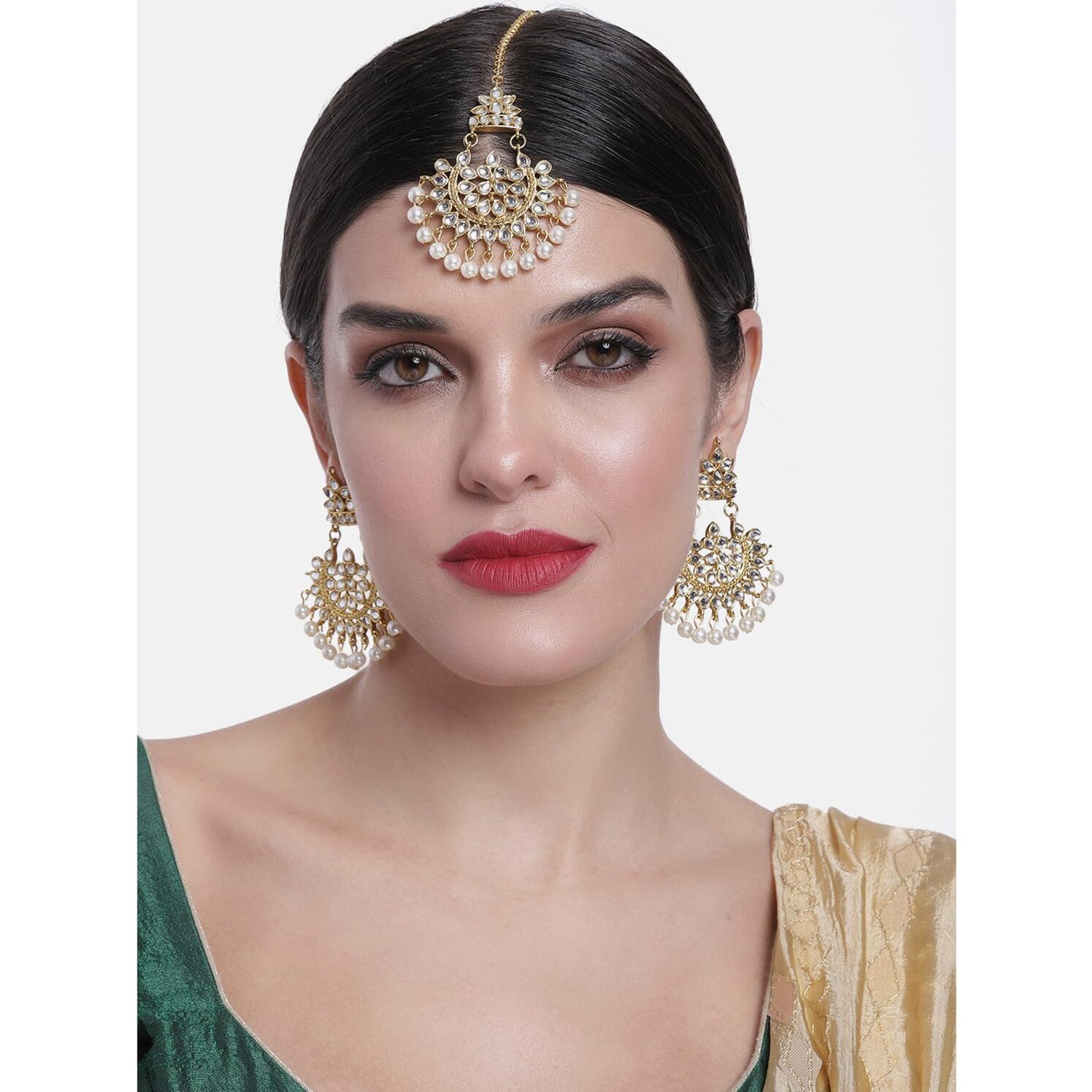 Peora Gold Plated Wedding Bridal Kundan Pearl Earring Maang Tikka Jewellery Set for Women Girls