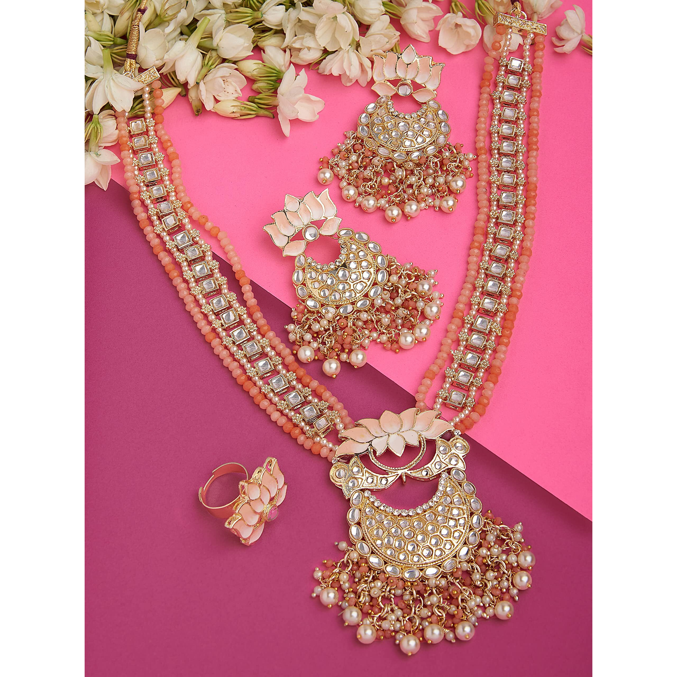 ZAVERI PEARLS Peach Meenakari Lotus Bridal Kundan Long Necklace Earring & Ring Set For Women-ZPFK14749