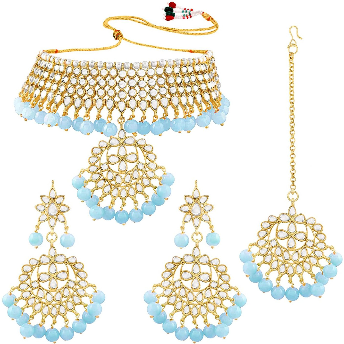 Peora Gold Plated Kundan Faux Pearl Choker Necklace Earring Maang Tikka Traditional Jewellery Set for Women Girls