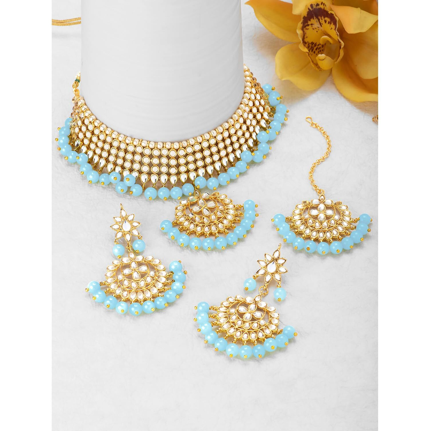 Peora Gold Plated Kundan Faux Pearl Choker Necklace Earring Maang Tikka Traditional Jewellery Set for Women Girls