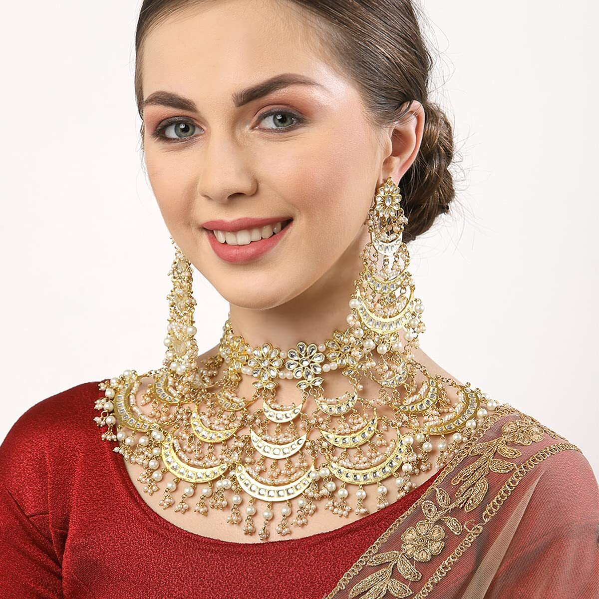 Karatcart Womens Kundan and Pearls Studded Layered Bridal Set