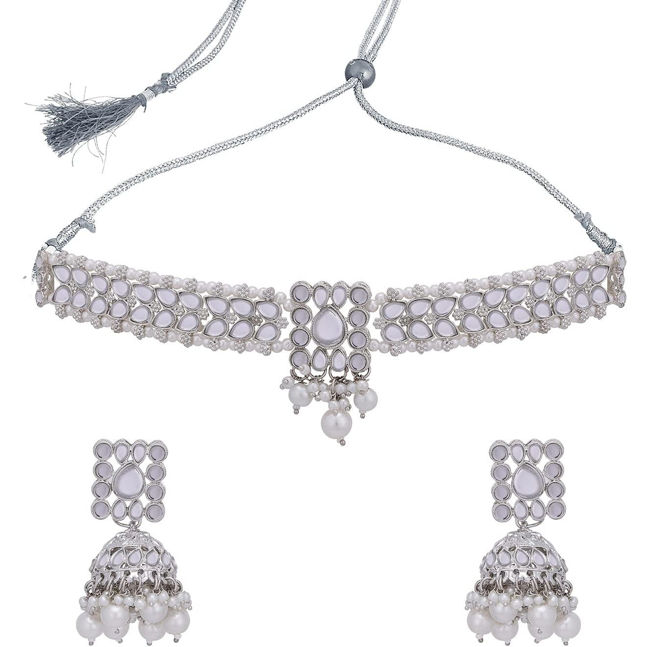 Sukkhi Dazzling Rhodium Plated Colour Stone & Pearl Choker Necklace Set For Women (NS101620)