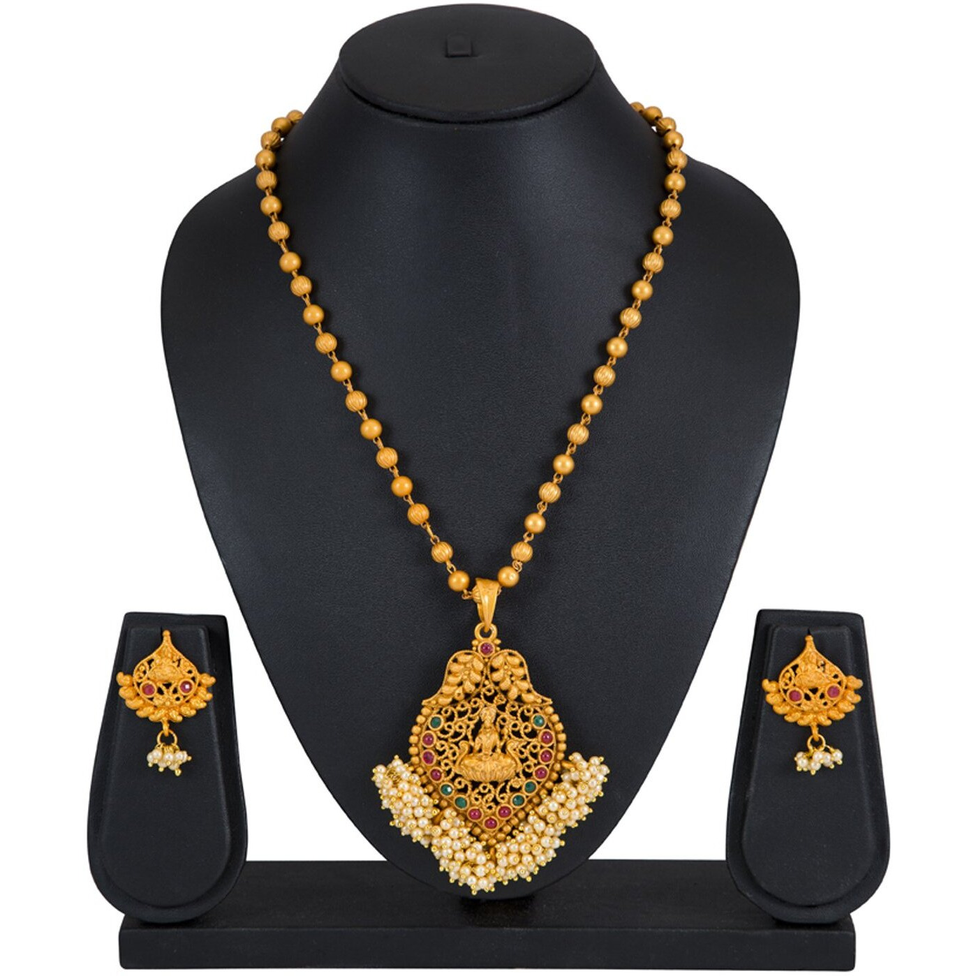 Sukkhi Ethnic Laxmi Gold Plated Temple Jewellery Pearl Long Haram Necklace Set for Women (N72336GLDPRL092017)