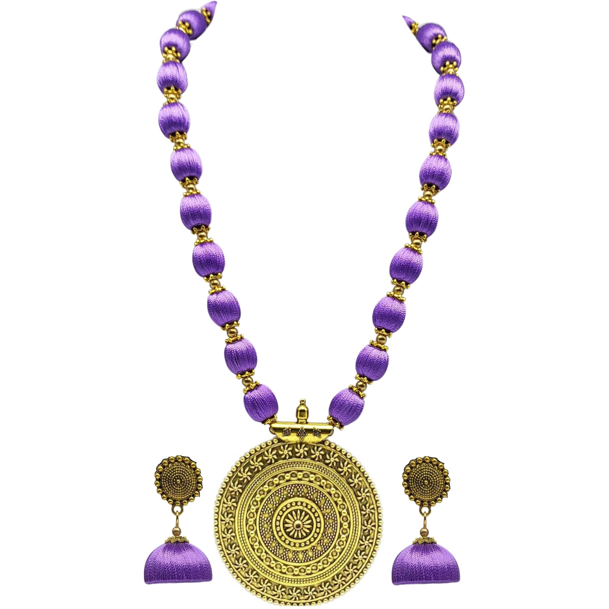 MDS FASHIONS Silk Thread Beads with Antique Chakra Necklace and Earrings set for Beautiful Women (MDS-1046) (Lavender)