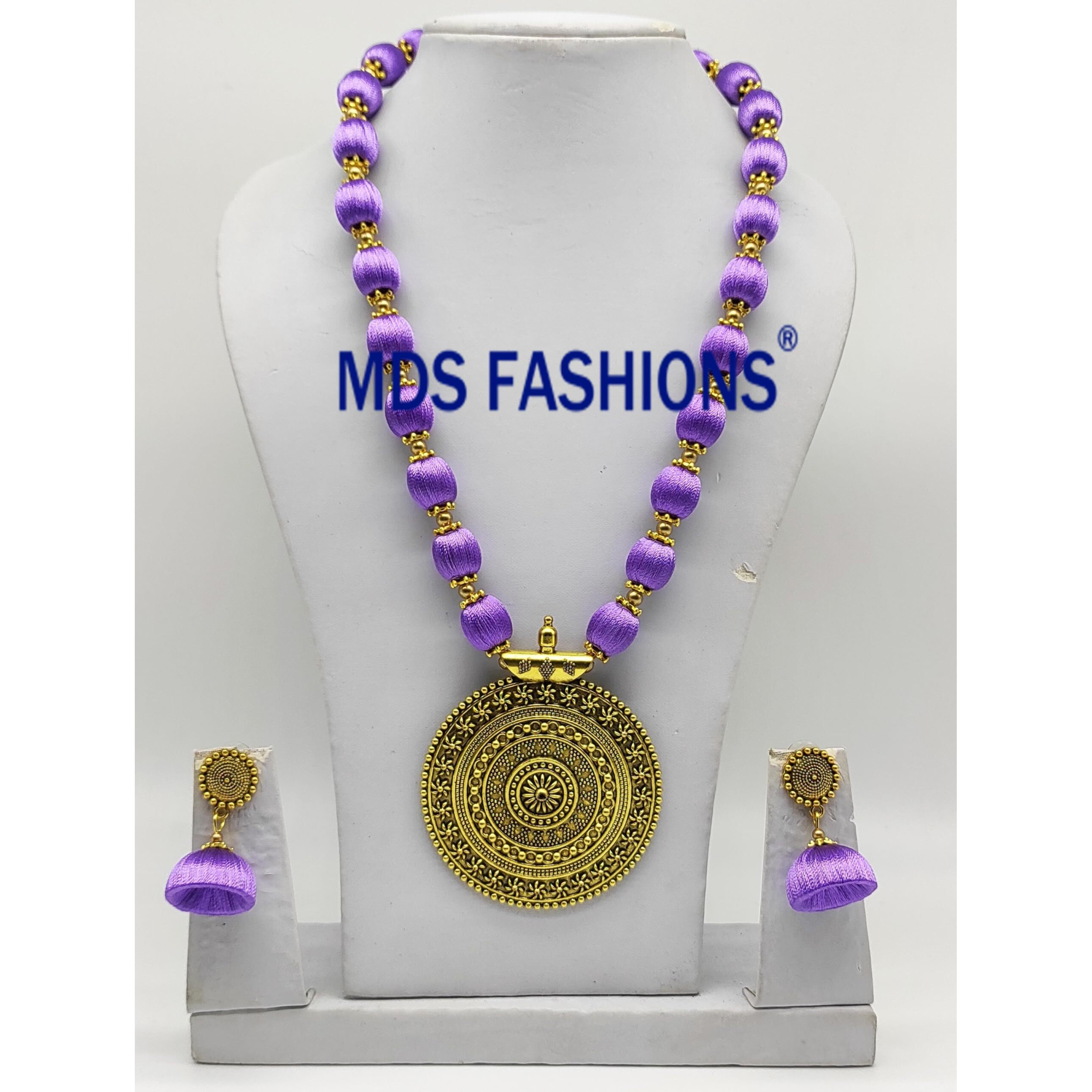 MDS FASHIONS Silk Thread Beads with Antique Chakra Necklace and Earrings set for Beautiful Women (MDS-1046) (Lavender)