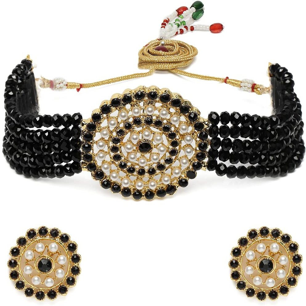 I Jewels 18K Gold Plated Traditional Light Weight Crystal Stone Beaded Choker Necklace Jewellery Set Glided with Moti Work (ML239BW)