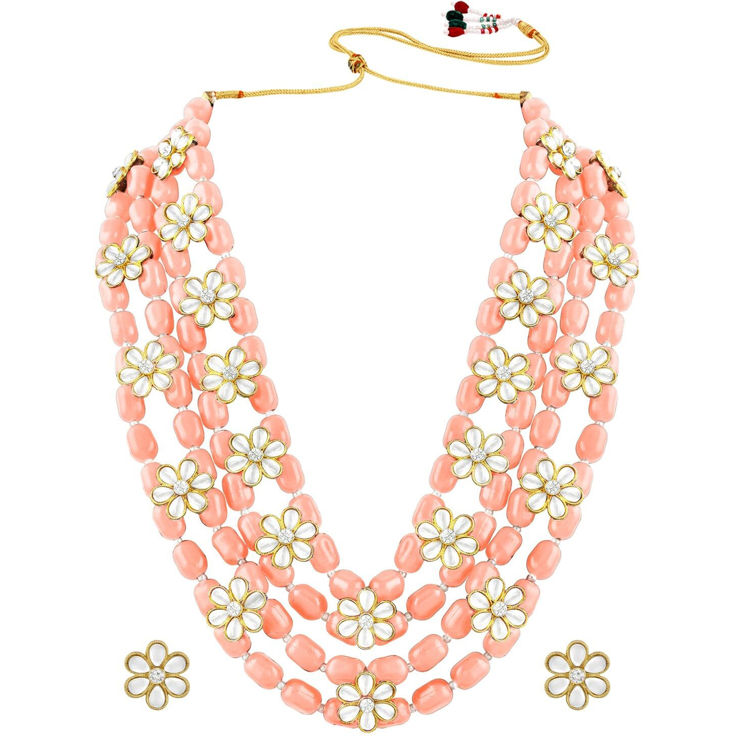 Peora Ethnic Beads & Kundan Studded Four Layered Necklace & Stud Earring Fashion Jewellery Set Gift for Women & Girls (Peach)