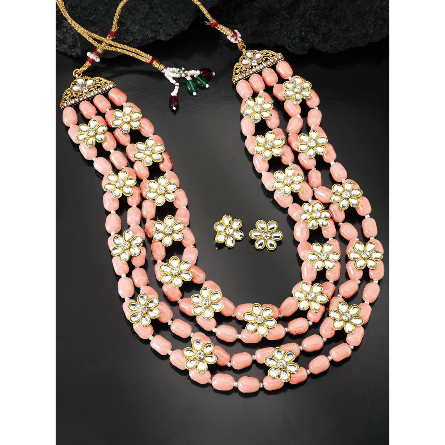 Peora Ethnic Beads & Kundan Studded Four Layered Necklace & Stud Earring Fashion Jewellery Set Gift for Women & Girls (Peach)