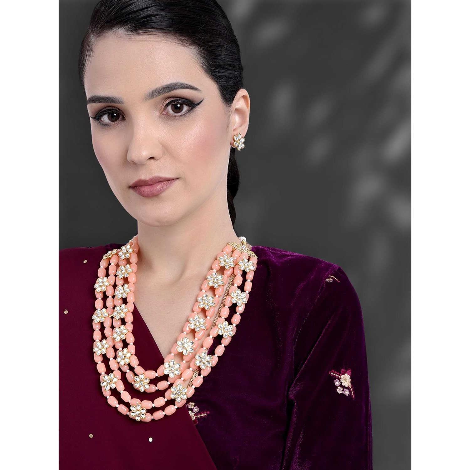 Peora Ethnic Beads & Kundan Studded Four Layered Necklace & Stud Earring Fashion Jewellery Set Gift for Women & Girls (Peach)