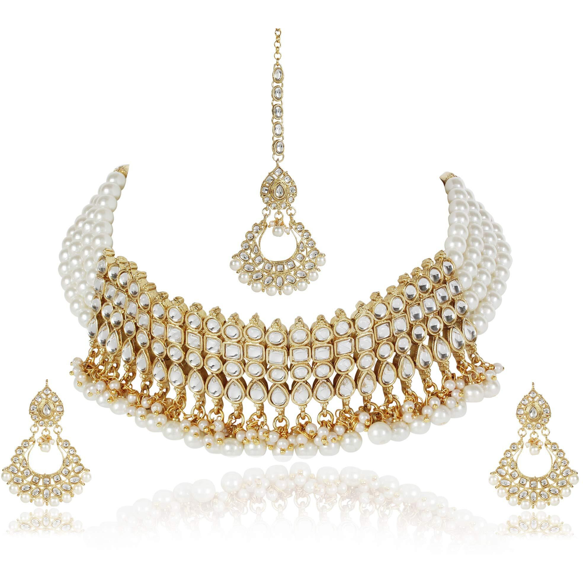 Shining Diva Fashion Latest Kundan Design Pearl Choker Necklace Set for Women Wedding Traditional Jewellery Set for Women (White) (sd10149s)